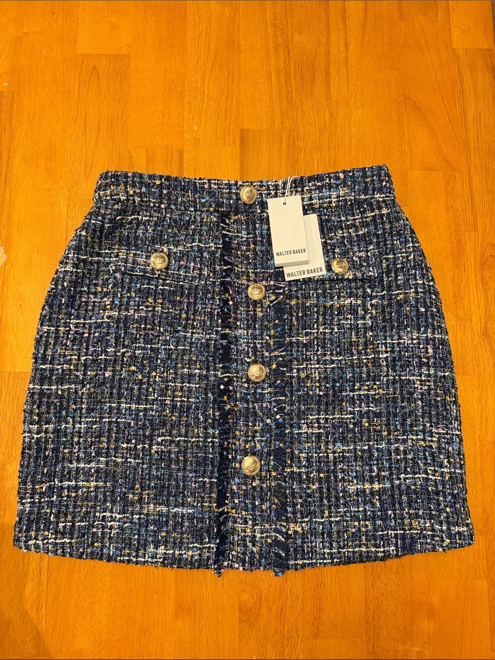 Walter Baker Navy Tweed Button-Front Mini Skirt with Gold Buttons